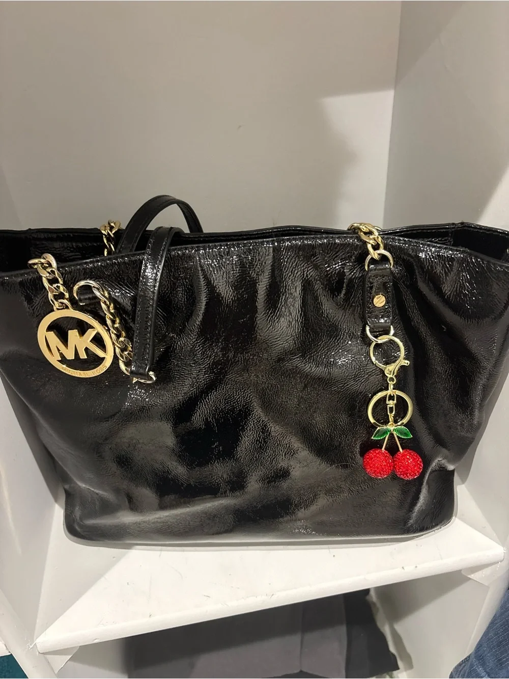 Michael Kors Black Patent Tote with Gold Chain Accents and Cherry Charm